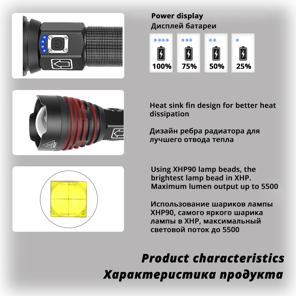 The brightest XHP90 LED Flashlight Tactical waterproof Torch 3 Lighting modes Zoomable Hunting camping lamps By 18650 or 26650