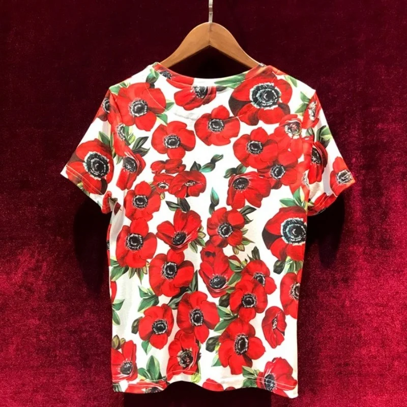 

New 2022 Summer High Quality Women Cotton Floral Printed Short Sleeve T-shirt Vintage Casual Beading Elegant Ladies Tees Tops