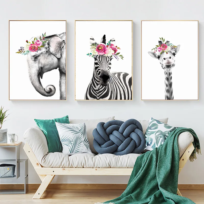 

Nordic Cute Fflowers Animal Giraffe Zebra And Elephant Canvas Painting Art Abstract Print Poster Picture Wall Home Decoration