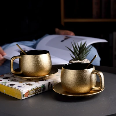 Wourmth High-quality Golden Coffee Cup With Spoon Home Simple Modern Tea Set Nordic Afternoon Tea Cup And Saucer Set Nice Gift