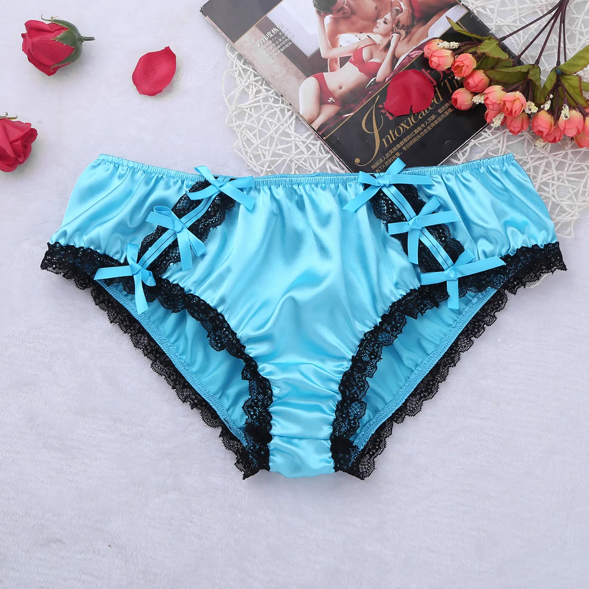 Mens Sissy Underwear Lingerie Crossdress Panties Shiny Satin Frilly Ruffled Lace Bowknot Knickers Bloomers Briefs Underwear