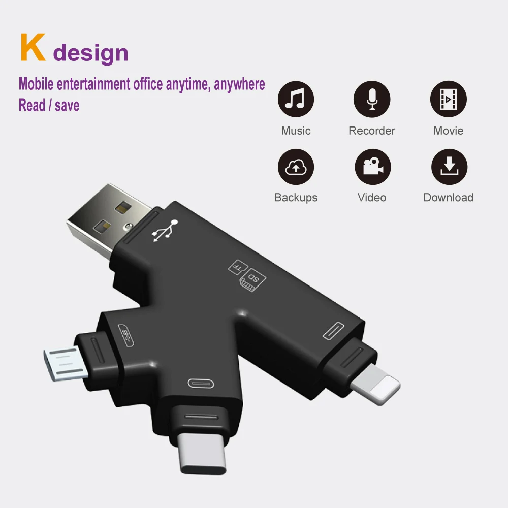 4in1 kart okuyucu usb-c mikro usb MicroSD adaptörü Android için ipad/iphone 7 artı 6s5s MacBook OTG TF SD okuyucu tipi c