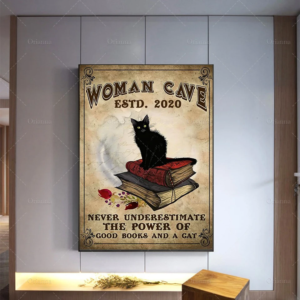 Never Underestimate The Power Of Good Books and A Cat, Black Cat Wall Art, Book Lover Gift, Modern Home Decor Posters，Prints