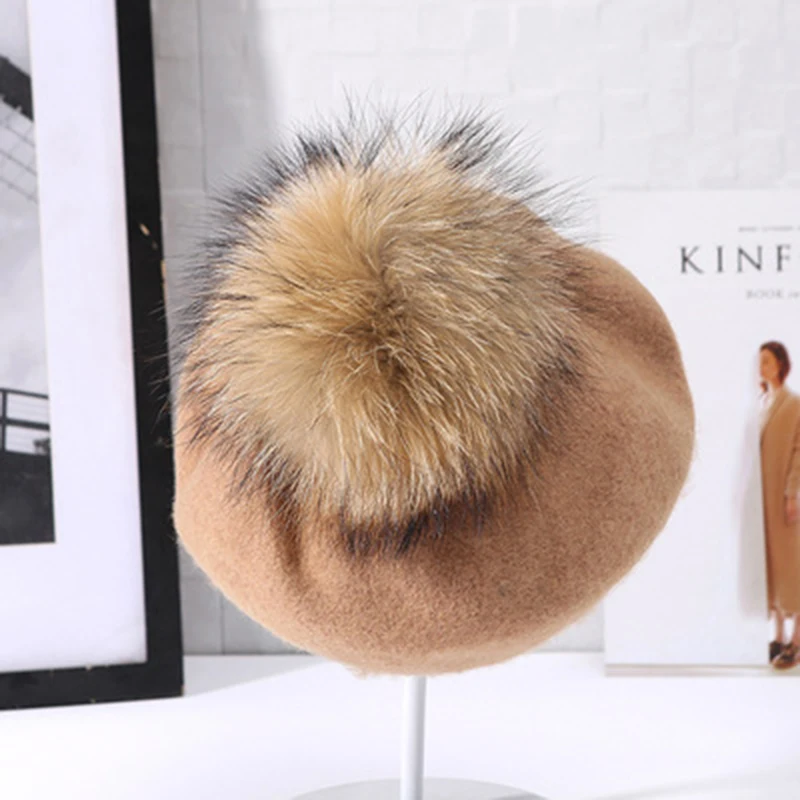 VISROVER New Unisex 100% Wool Winter Beret Solid fur Pompom Autumn Hat Winter Cap Spring Punk Beret Hat Real Fur Beret Wholesale