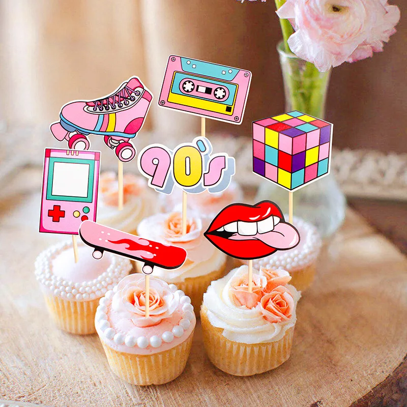 7pcs/set Skateboard Cake Topper Flags Lipstick Shoes Cube Cupcake Toppers Happy Birthday Wedding Decoration Party Baking DIY New