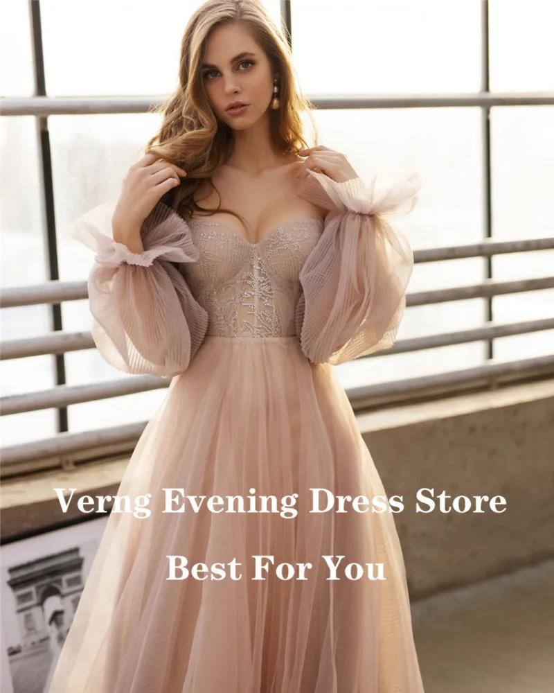 Verngo Dusty Pink Long Prom Dresses 2021 Off the Shoulder Sweetheart Tulle Romantic Elegant Princess Prom Party Gown Custom