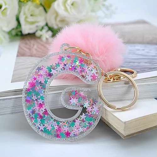 1PC Women Keychain English Letter Glitter with Puffer Ball