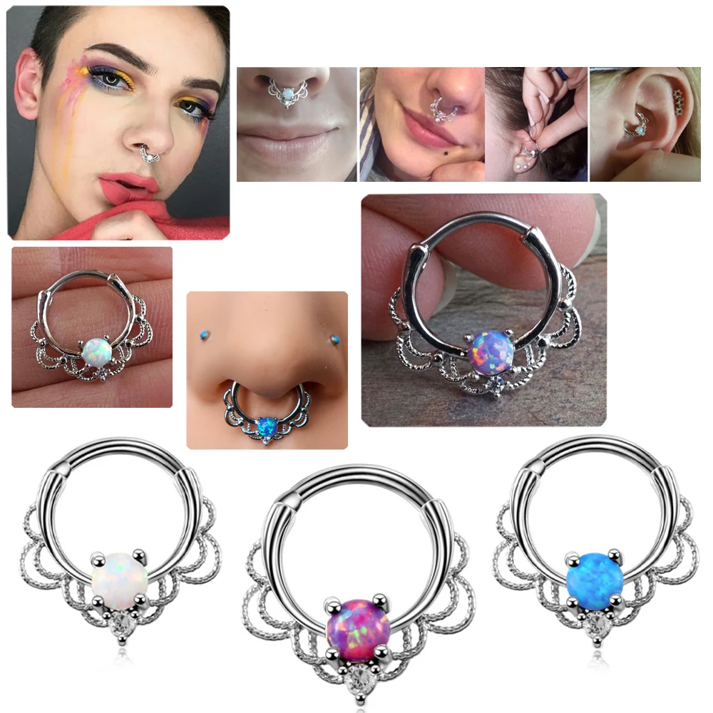 1PC de acero Opal oído hélice aro de nariz tipo Clicker anillos del septo CZ cartílago piercing Daith hélice pendiente Tragus perforaciones de 16G