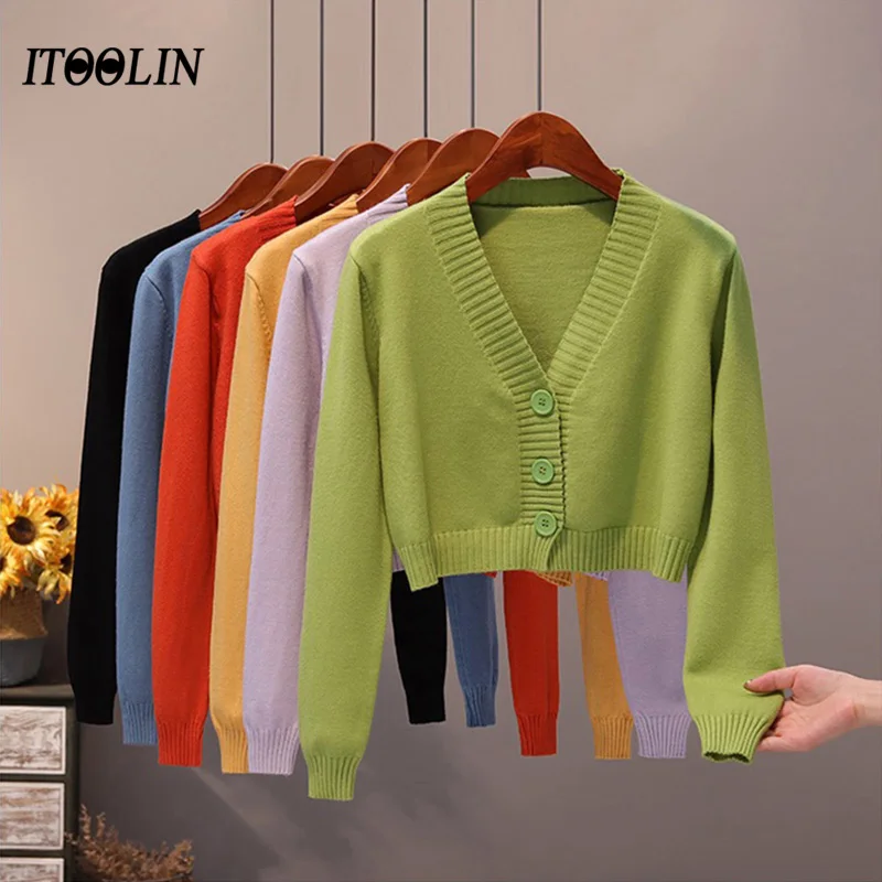 

ITOOLIN Cardigan For Women Knitted Sweater V-neck Long Sleeve Crop Tops Female Button Up Cardigans Cropped Women Clothing