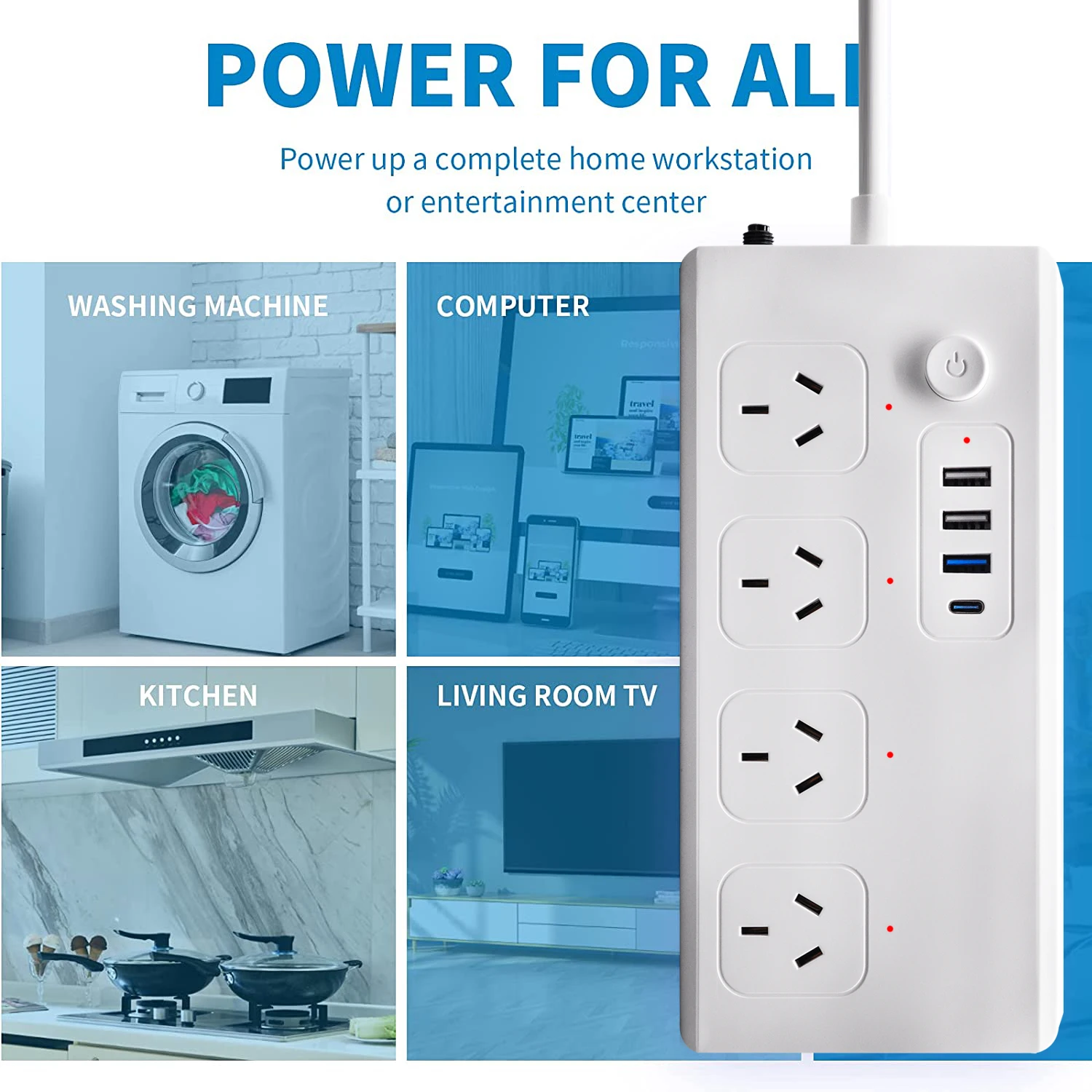 UseeLink Australia PD Power Strip 10A 1Type-C 1USB Fast Charge 2USB General Charge Overload Protection PC Material White