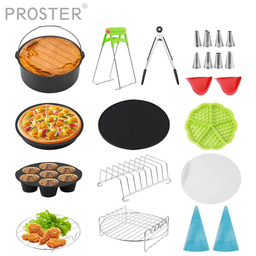 Proster 18pcs Air Fryer Accessories Kit Kitchen Baking Tool Stainless Steel Frame with Round Cake & Pizza Pan Multipurpose Rack