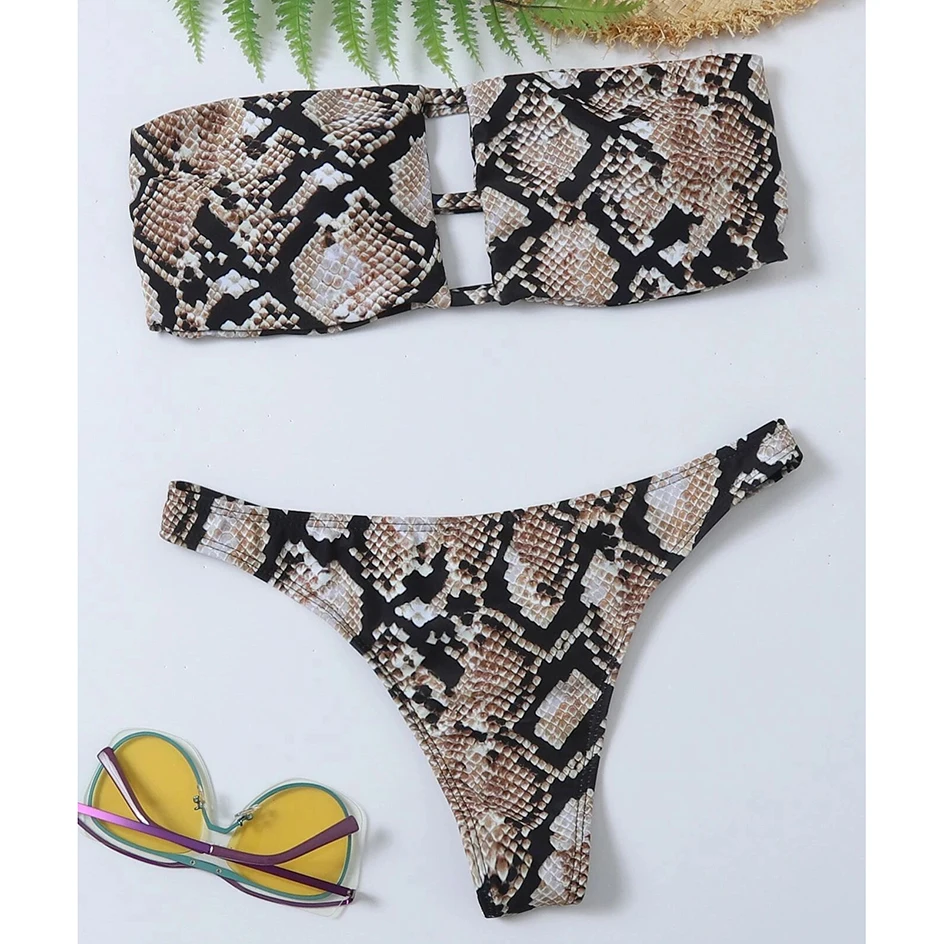 Sexy Snake Print Bikini 2024 Bandeau Swimsuit Women`s Swimwear Female 2 Piece Bikinis Set Thong Bathing Suit Women Beach Wear