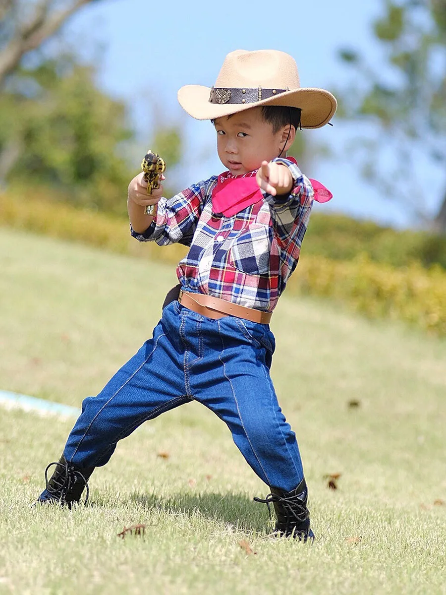 Chapeau de cowboy western à large bord en feutre de laine pour enfant, casquette melon, bande de cuir à deux pistolets, casquette sombrero, rétro,