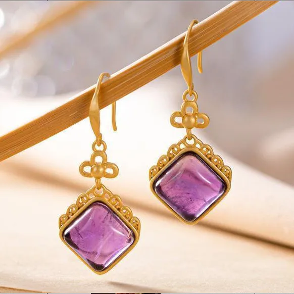 

New silver original inlaid Hetian Chalcedony sapphire Chinese style retro pattern geometric earrings high sense women's jewelry