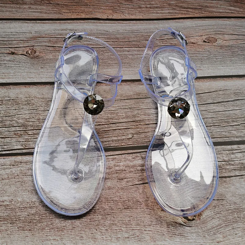 Women Summer Sandals Fashion Rhinestone Beach Shoes Flat with Transparent PVC Jelly Sandal White Black Woman Large Size 41 42