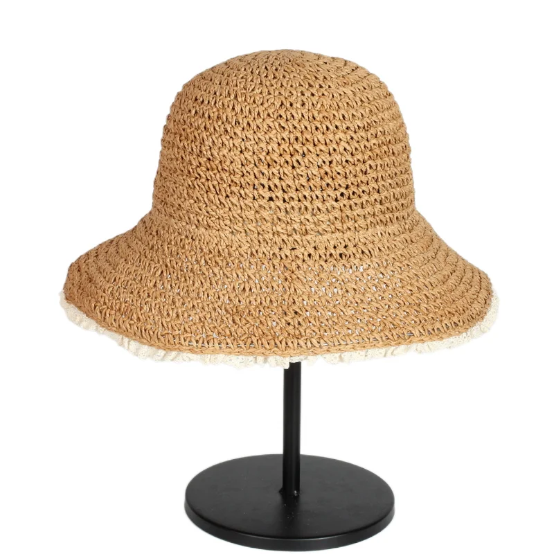 Wholesale Fashion Summer Handmade Wave Beach Hat Foldable Plain Wide Brim Lady Sunshade Straw Bucket Hats With Lace