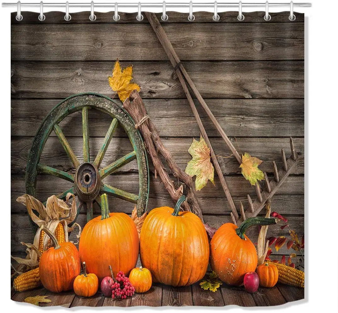 Farm Tools Pumpkin Decor Thanksgiving Bathroom Curtain Home Decorative