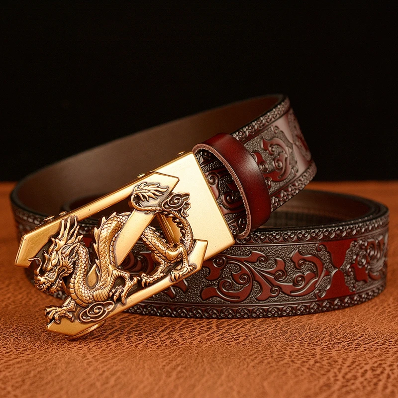 New Arrivel Embossing Retro Technology Belts for Men  Genuine Cowhide Leather Belt with Dragon Pattern Automatic Buckle