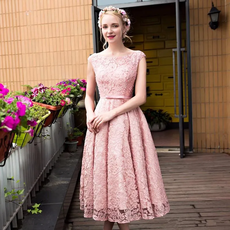 Vestido de festa feminino, vestido linda de renda rosa com pérolas e gola redonda, vestidos elegantes para mulheres