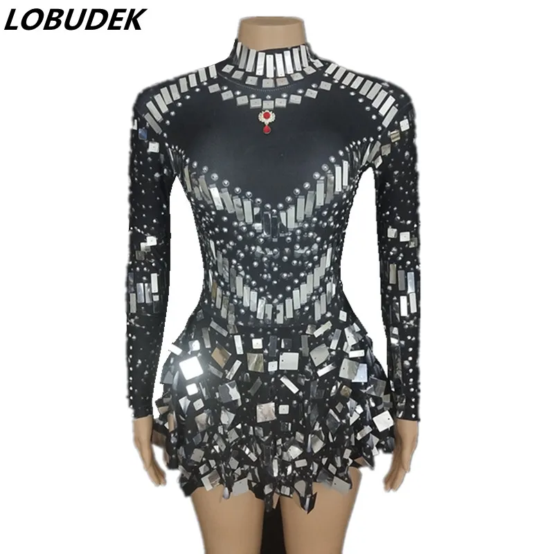 

Bar Stage Shiny Mirror Sequin Bodysuit Mini Short Dress Sexy Birthday Party Crystal Outfit Women Singer Dancer Nightclub Costume