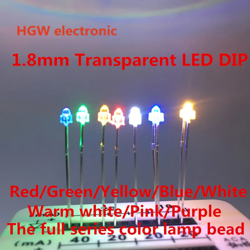 Kit de combinación de LED concentrada transparente, componentes de lámpara DIY, 100 piezas, 1,8mm, rojo, naranja, amarillo, Esmeralda, azul,