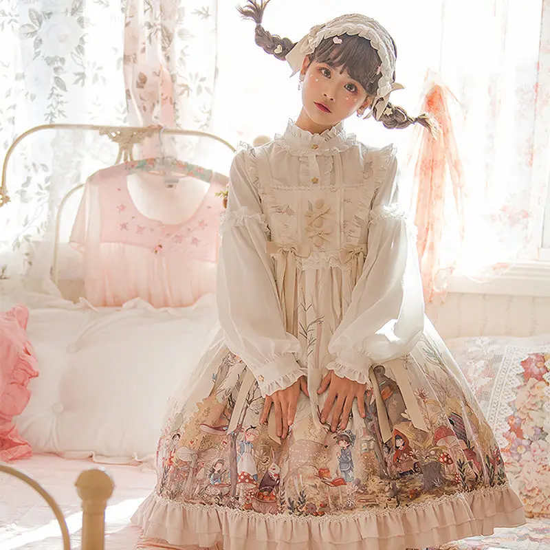 Victorian Vintage Lolita Jsk Dress Cute Print Women Kawaii Bow Ruffles Princess Dresses Girls Fairy Harajuku Party Mini Dress