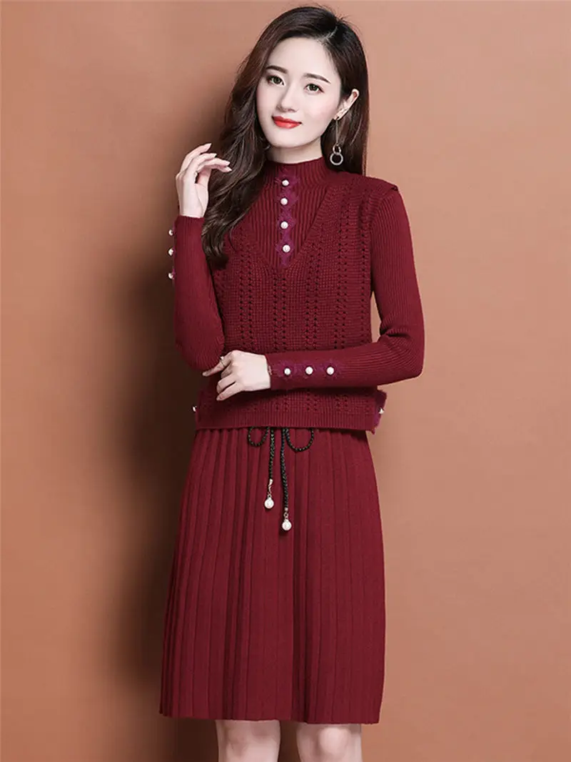 Knitted Dress Women Spring and Autumn 2020 New Korean Temperament Thin Two-piece Suit Fashion Vest sweater Dress Outfit k1132