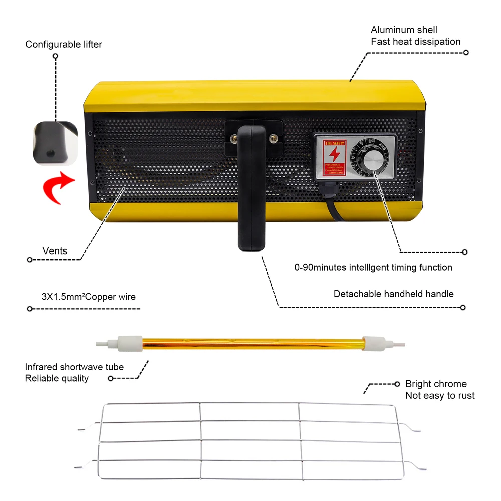 2000W Handheld Baking Infrared Paint Curing Lamp Shortwave Infrared Heating Light 2KW Car Bodywork Repair Paint Dryer