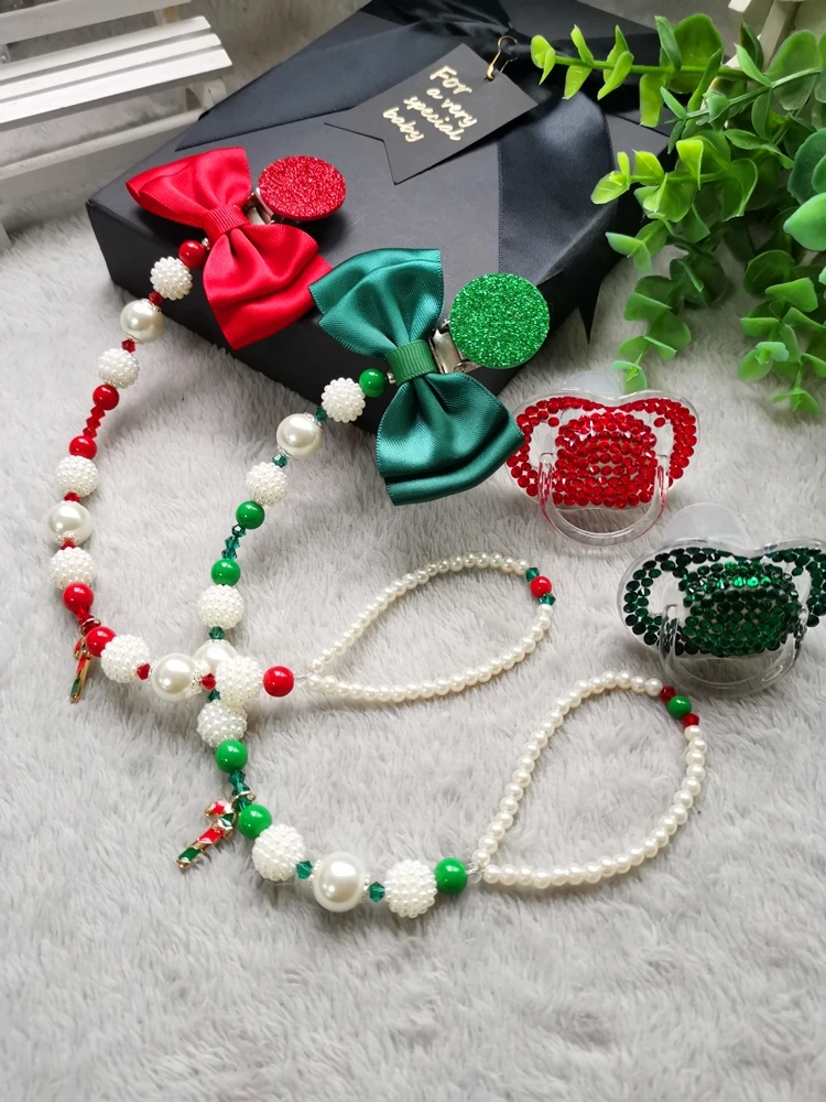 Dollbling Baby Christmas Personalized Bunny Pacifier Clips Pearls Jewelry Dummy Holder Baby Girl Name Santa Soother