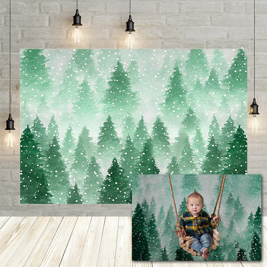 Avezano Winter Forest Photography Background Green Pine Tree Snowflake Children Portrait Backdrop for Photo Studio Photophone