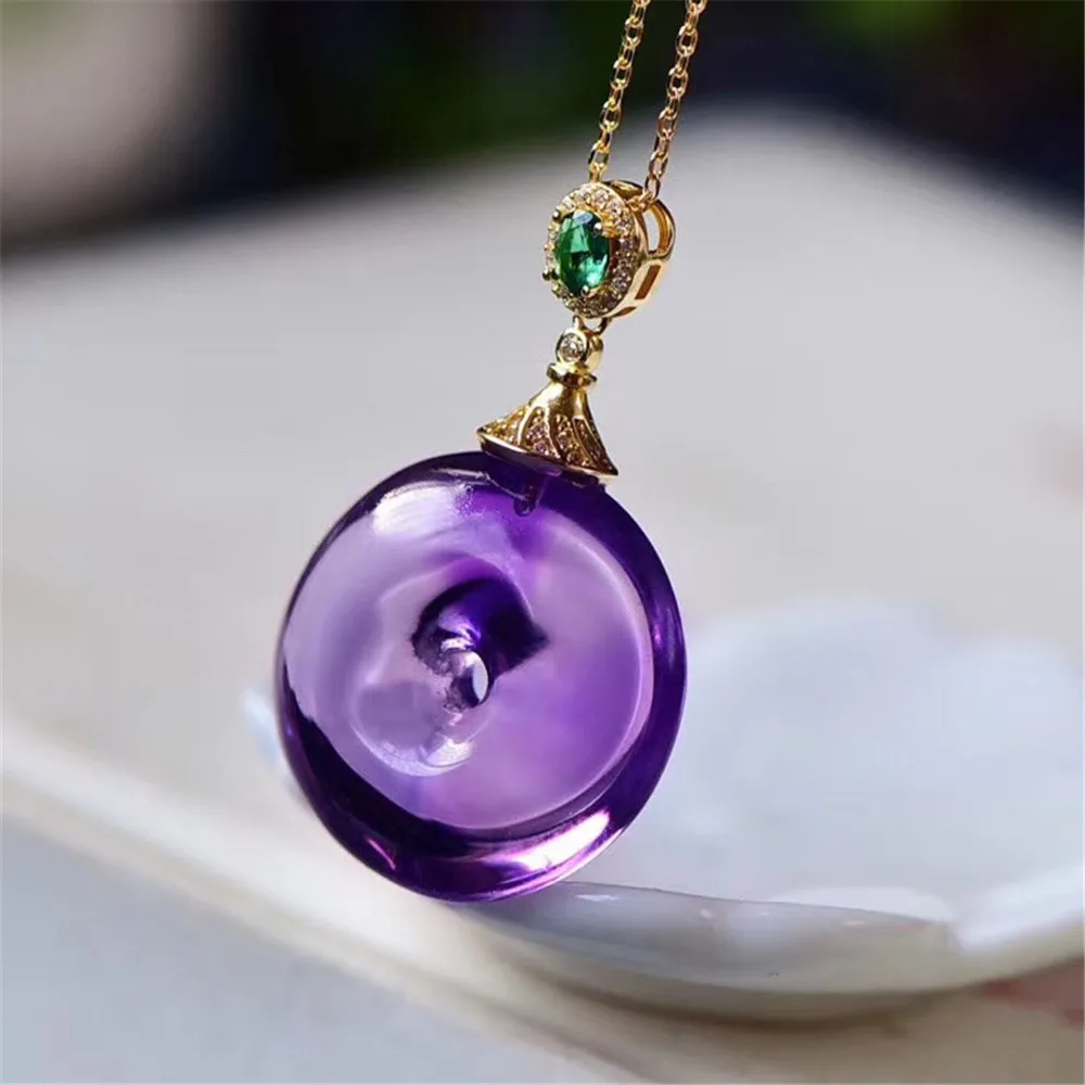 Top Natural Purple Amethyst Peace Buckle Pendant For Woman Man Crystal 21x9mm Round Beads 14K Gold Chains Stone Jewelry AAAAA