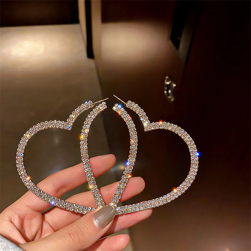 FYUAN Fashion Big Heart Crystal Hoop Earrings for Women Bijoux Geometric Rhinestones Earrings Statement Jewelry Gifts