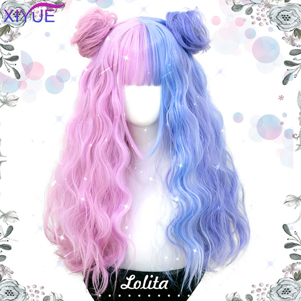 XIYUE Blue Pink Lolita Wigs Ombre Long Water Wave Cosplay Wigs Synthetic Hair Wigs Heat Resistant For Women American Style