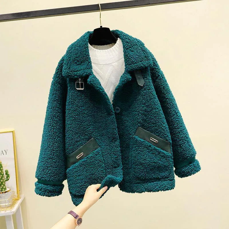 Autumn Winter Korean Faux Fur Lamb plush Jackets Women Fashion Elegant Ladies Loose Grain fleece Casual Short Warm Outwear R814