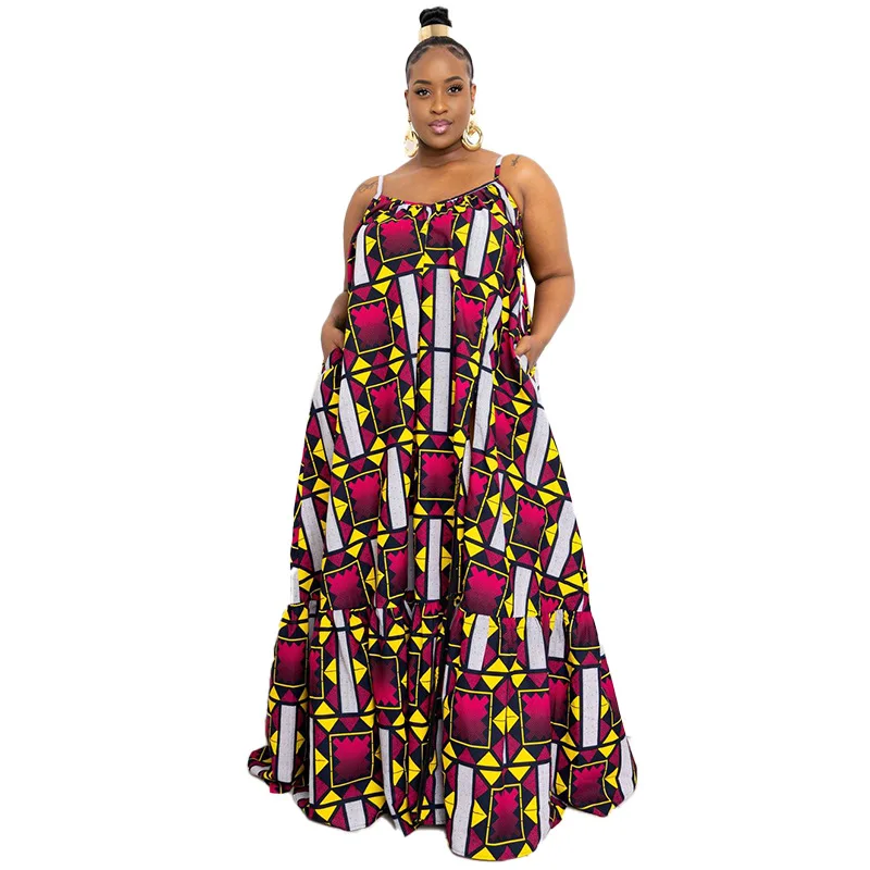 Loose African Maxi Dress Women 4XL Big Size Spaghetti Strap Boubou Summer New Print Ruffle Patchwork African Beach Maxi Dresses