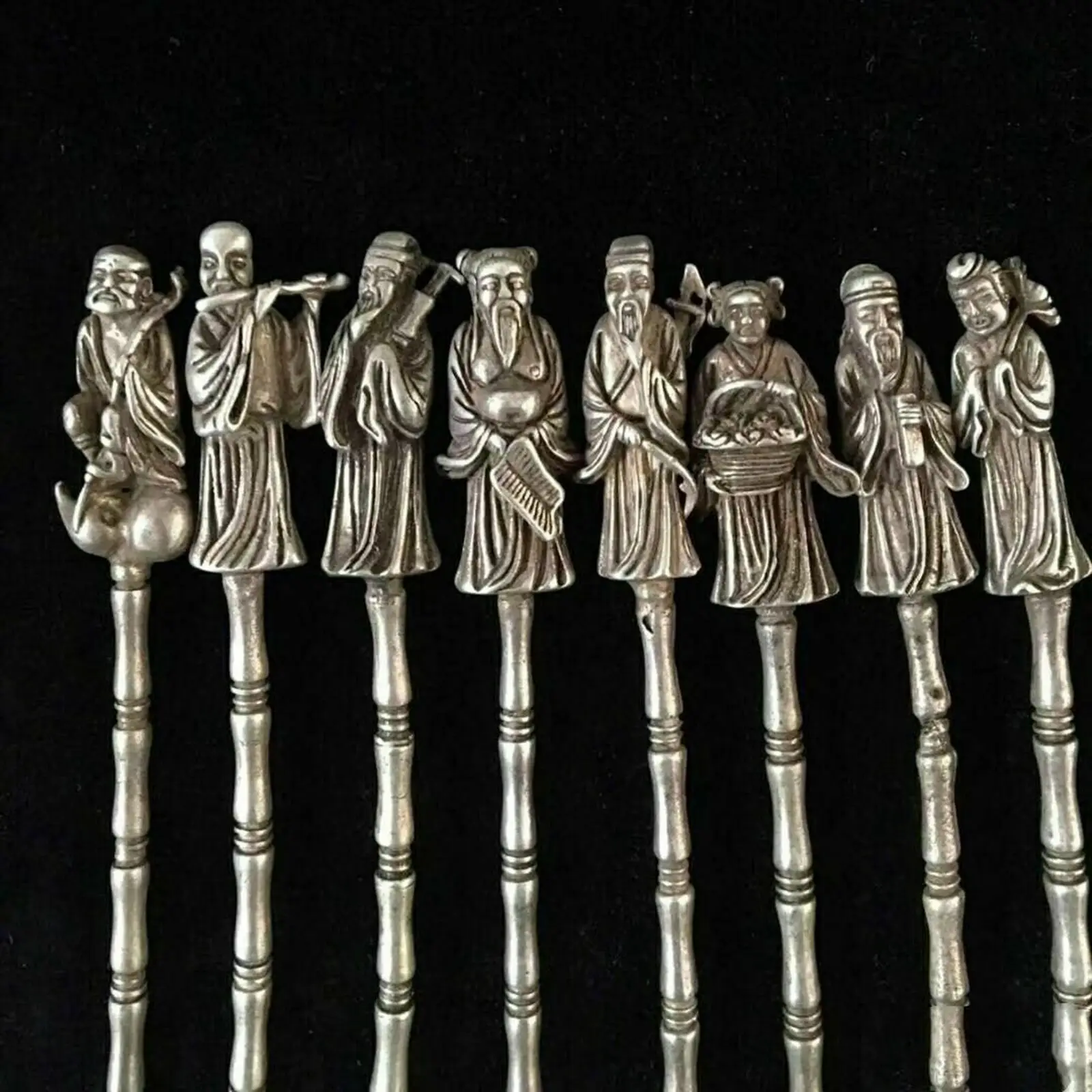 Full set Tibet silver Copper Handmade eight immortals Buddha Statue Spoon Ladle