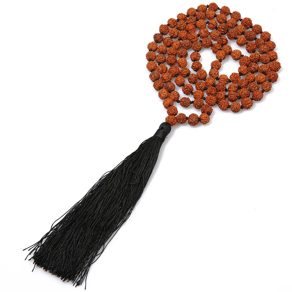 108 Japa Mala Rudraksha Beaded Knotted Necklace Meditation Yoga Prayer Jewelry Men and Women Charm Rosary Tassel Pendant