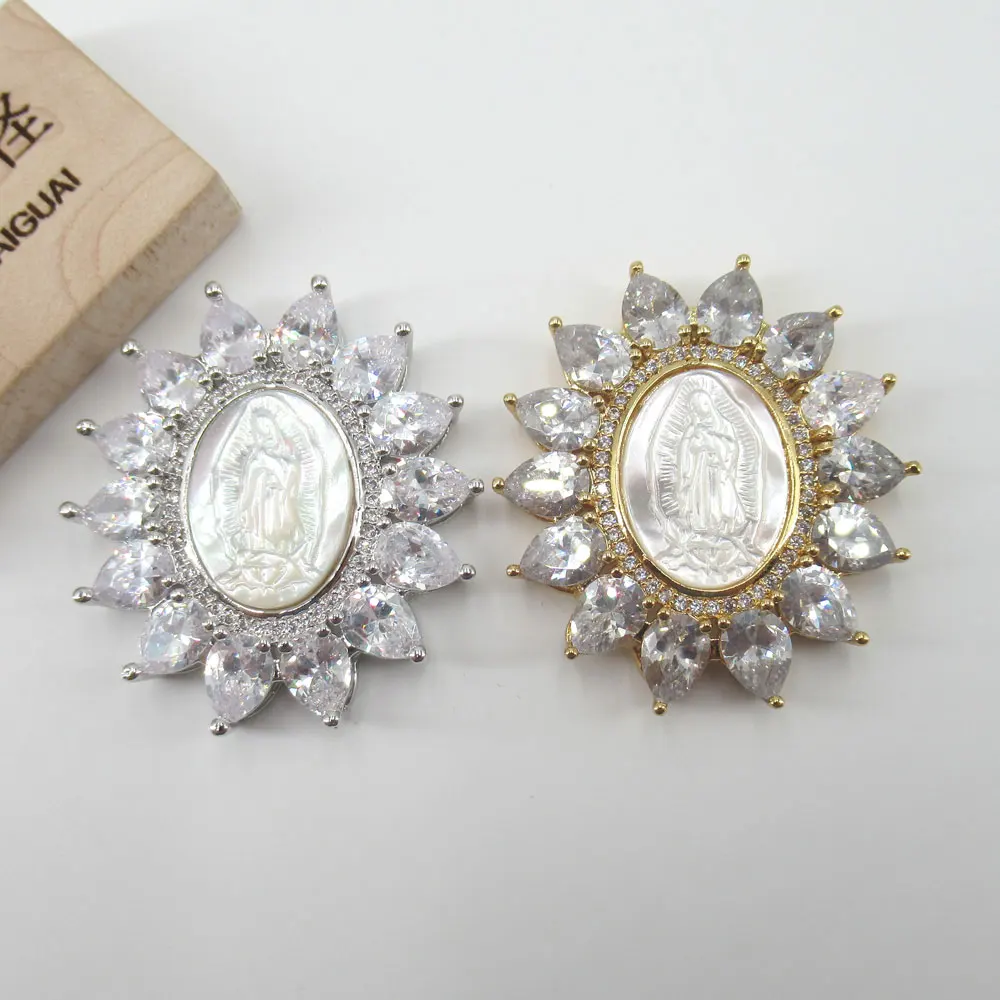 APDGG 38x44mm Virgin Mary White Mop Cameo Shell Gold Plated Cubic Zircon CZ Paved Connector Charms Necklace Pendant Jewelry DIY