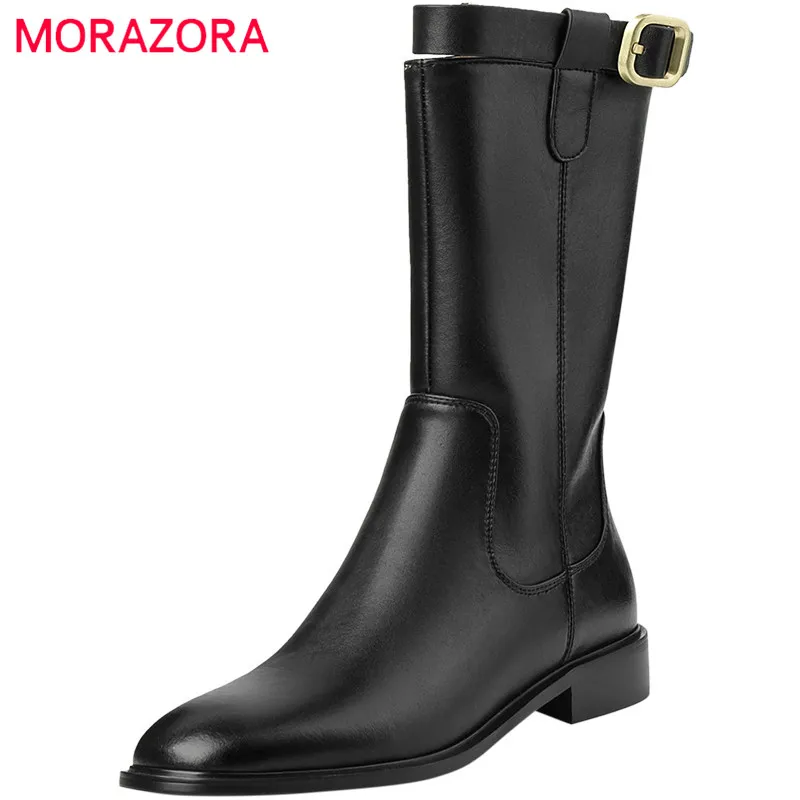 

MORAZORA 2022 New Arrive Mid Calf Boots Women Genuine Leather Shoes Buckle Low Heels Cowboy Western Boots Women Casual Shoes