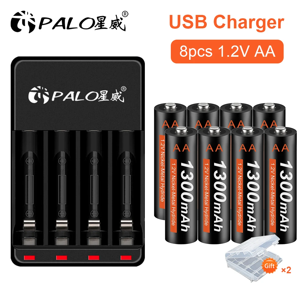 Bateria PALO 1.2 V AA 1300 mAh akumulator AA z ładowarka LED, 1.2 V Ni-MH AA baterie do zegarów, zabawek