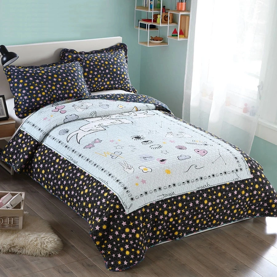 Special Offer- Cool Printed 100% Cotton Quilt Set King Size 240x260cm Summer Lightweight Bedspread 3-Piece Set,Quilted Bed Cover
