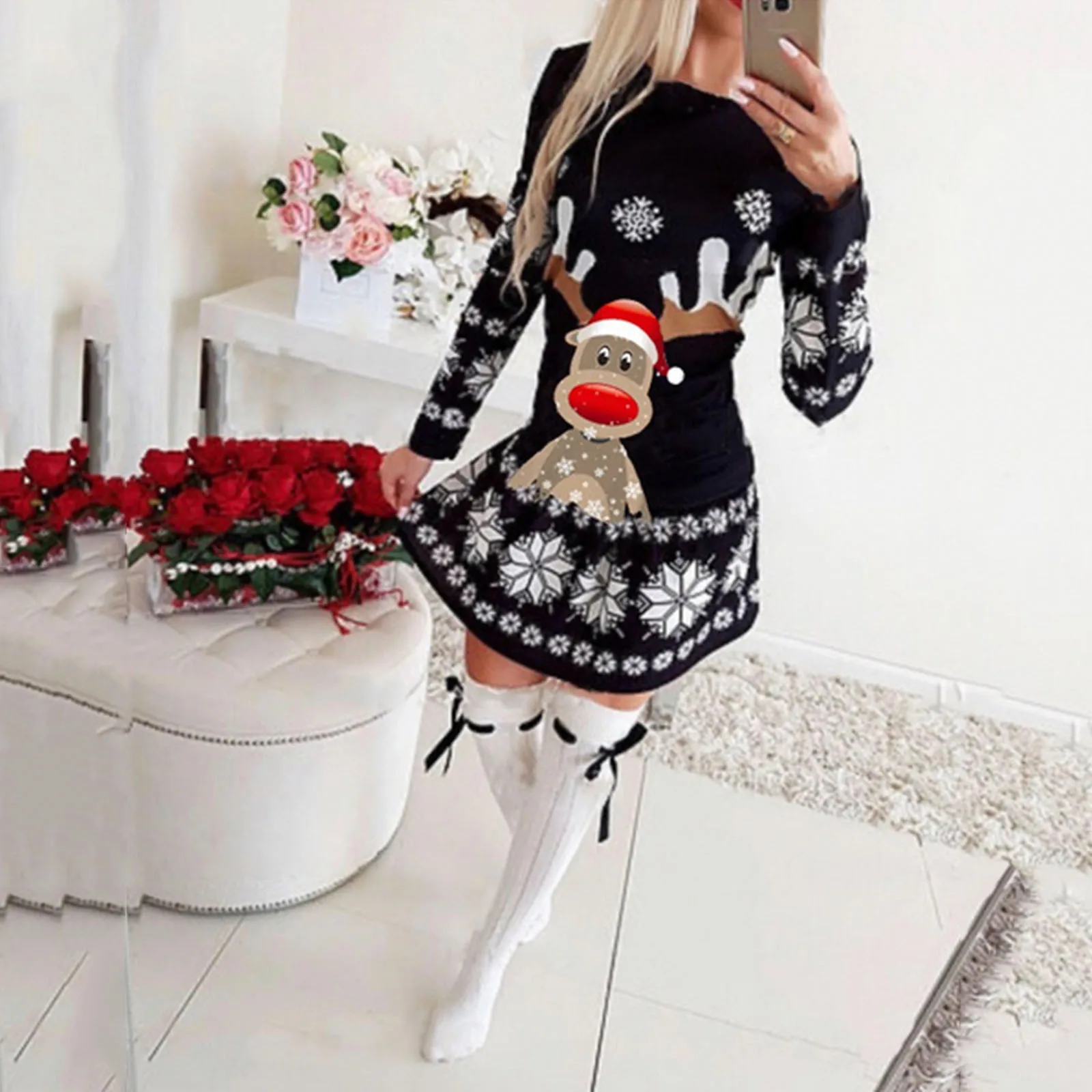 Womens Christmas Dresses 2021 New Sweatshirt For Women Casual Round Neck Fashion Elk Printed Tops Female Long Sleeve Pullover