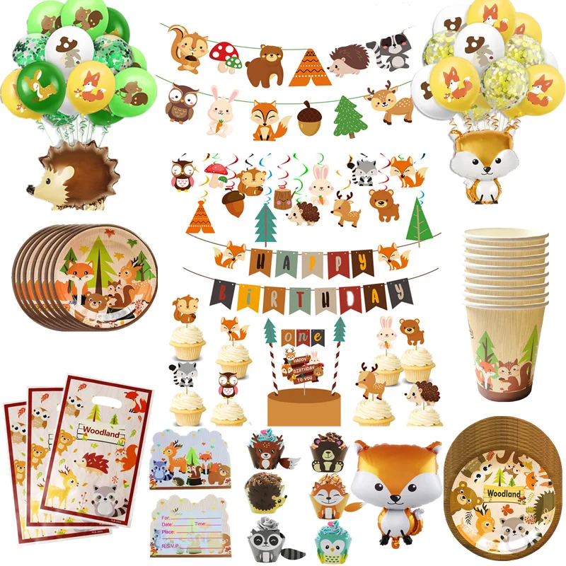 Woodland Forest decoración de fiesta de cumpleaños Animal zorro mapache erizo niños juego de vajilla desechable pastel Topper plato taza suministros