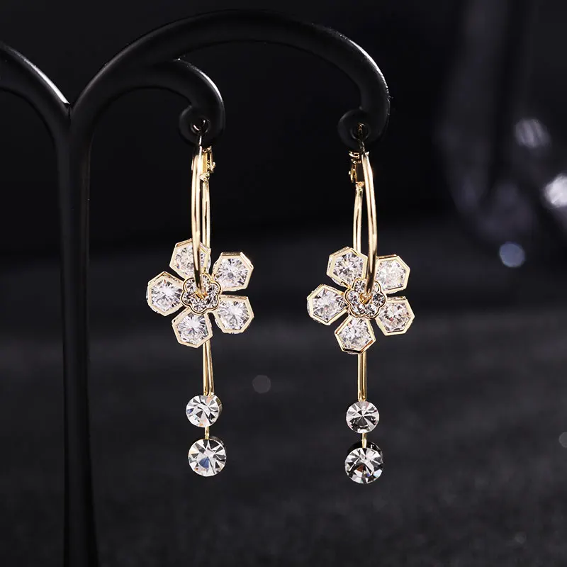 HUAMI Flower Drop Earrings for Women Fine Jewelry Crystal White Color Copper  with Real Gold Earrings Silver Needle for Lady