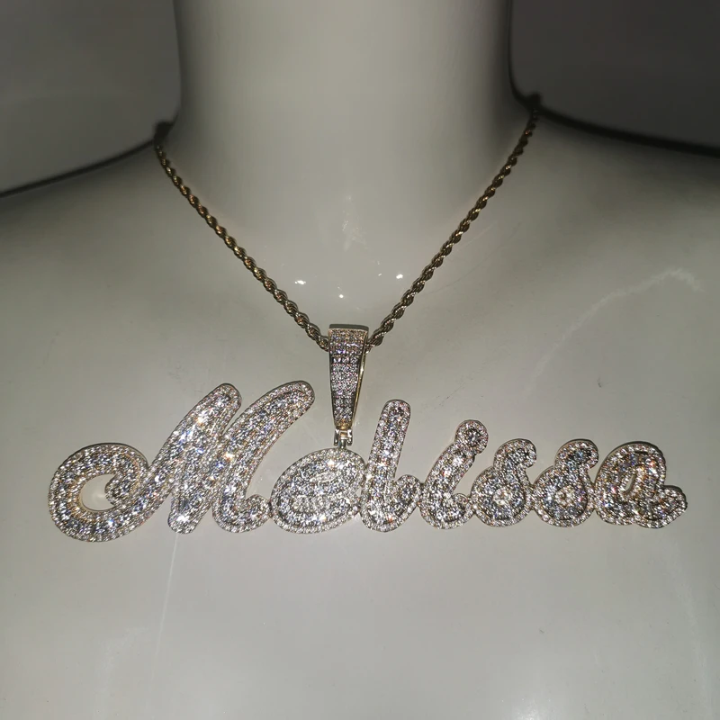 Grandbling Brush Cursive Letter Customized Name Necklace With Rope chain Chain With AAAA CZ Personalized Hip HOP Jewelry