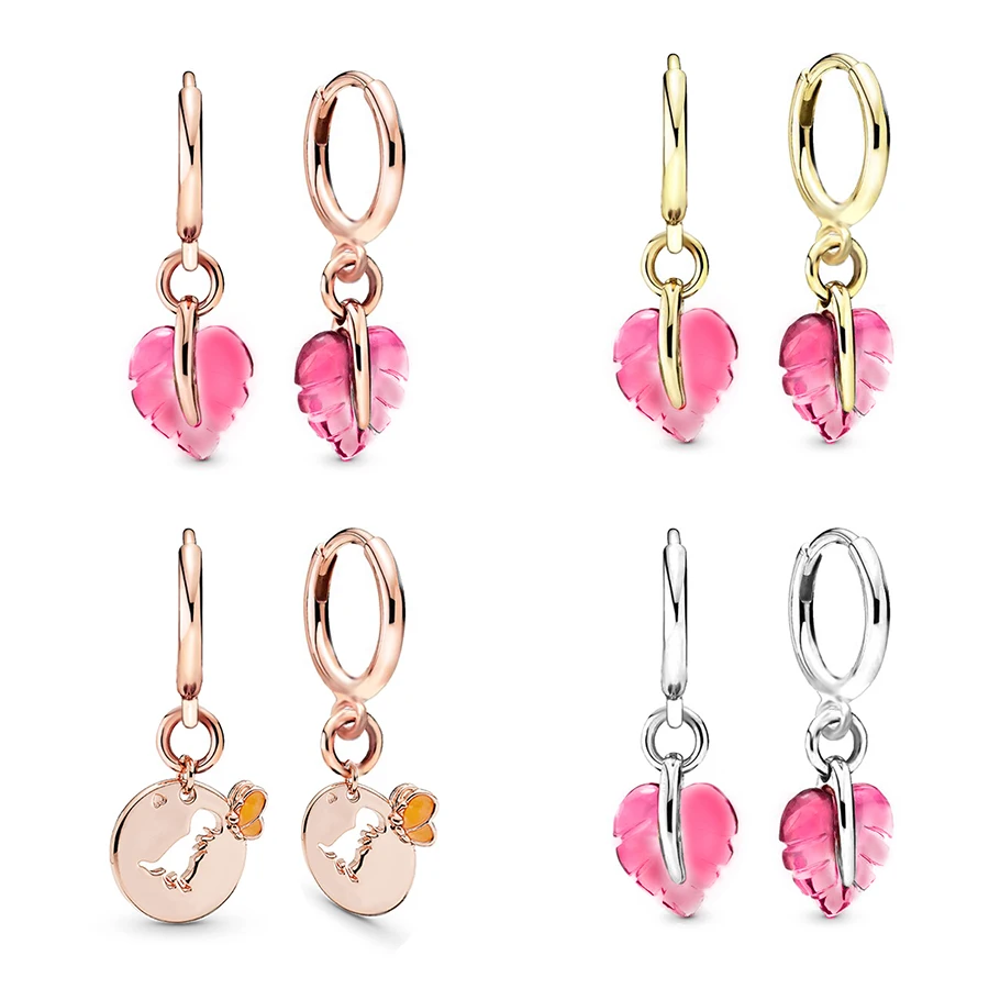 SEIALOY Pink Murano Glass Leaves Stud Earring For Women Girls Dinosaur Butterfly Charm Rose Gold Color Circle Earrings Couple