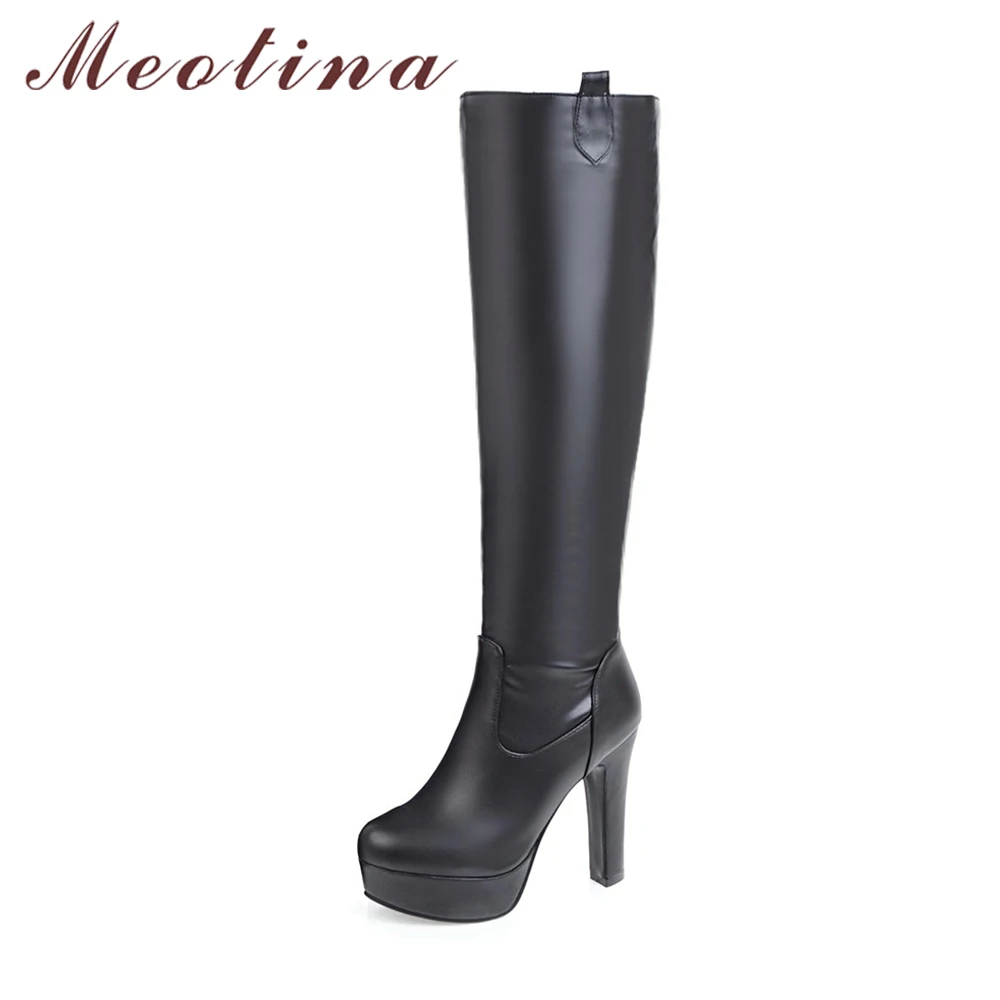 Meotina Boots Women Winter Knee High Boots Platform High Heel Long Boots Big Size 44 45 Round Toe Sexy Shoes bottes femme Black