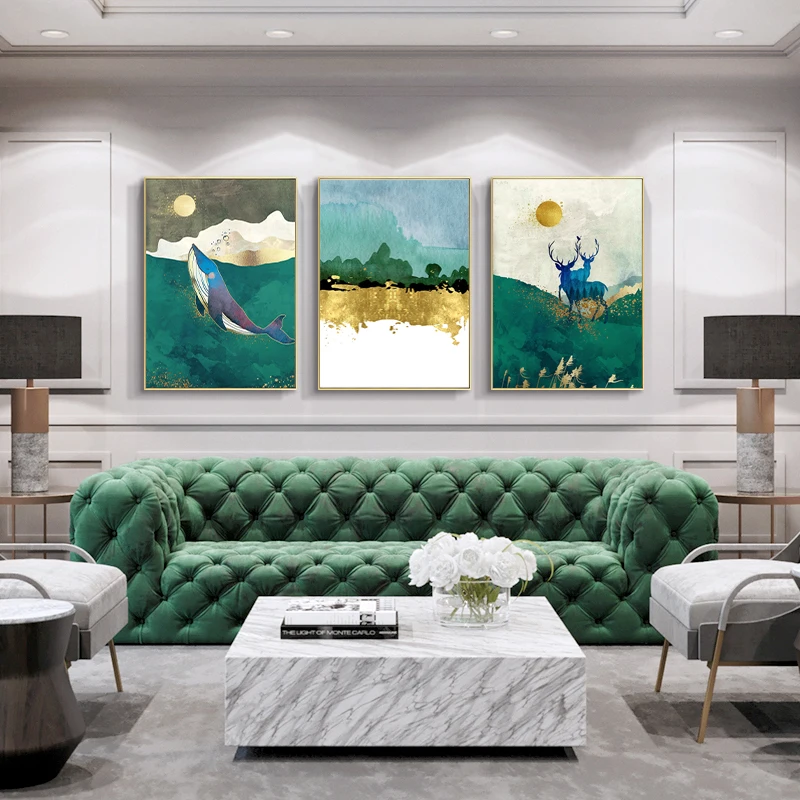 

EECAMAIL DIY Luxury 5D Diamond Painting Full Diamonds Embroidered Green Abstract Living Room Diamond Elk Whale Triple Painting