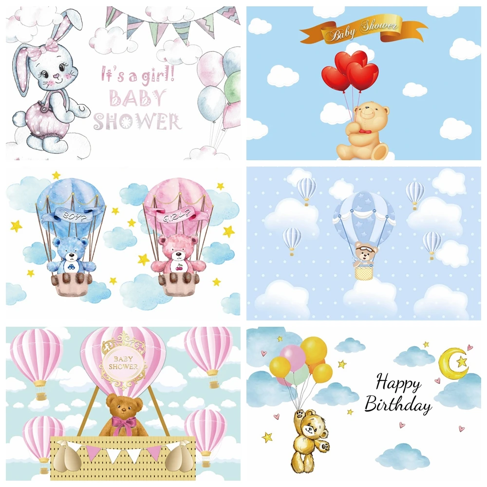 

Laeacco Birthday Party Photography Backdrops Blue Sky White Clouds Balloons Bear Newborn Baby Shower Photo Backgrounds Photocall