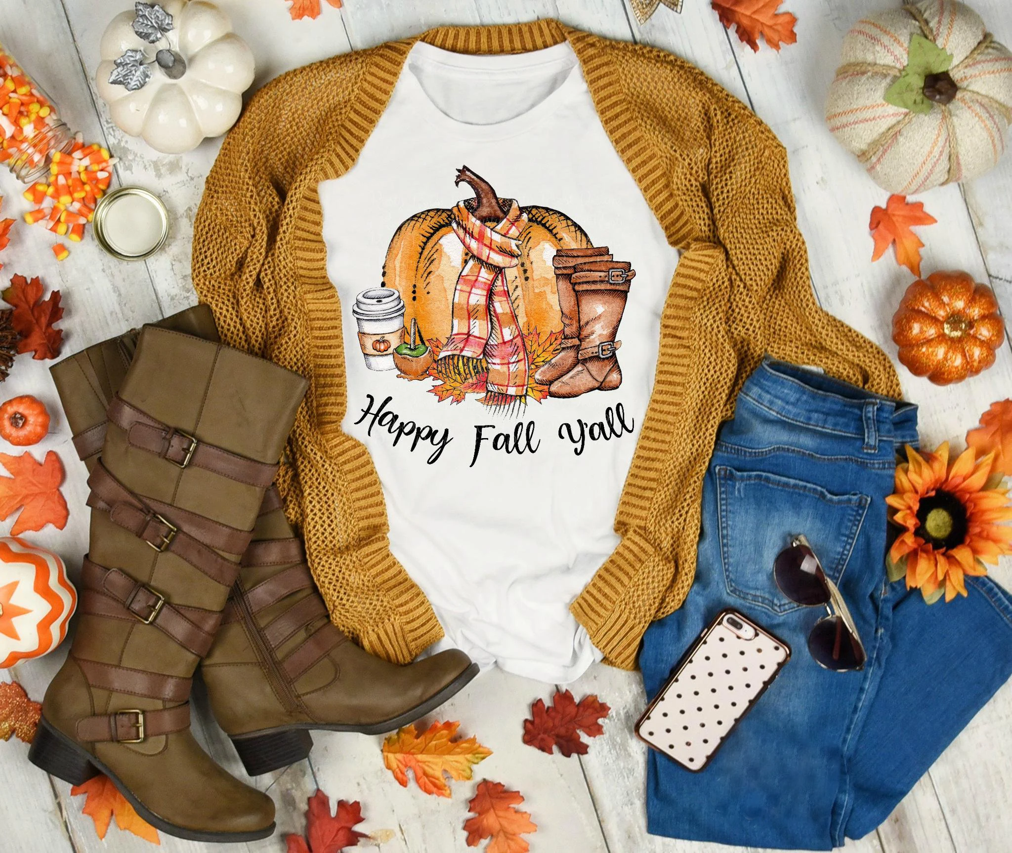 Funny Pumpkin and boots Graphic tshirt Happy Fall yall T-shirt Fall Shirts holiday tees Women casual grunge vintage art Top